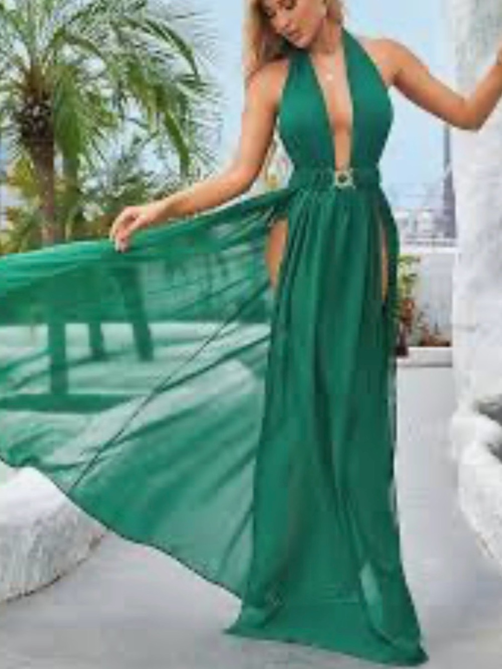 Emerald Green Halter Maxi Dress with Gold Ring Detail